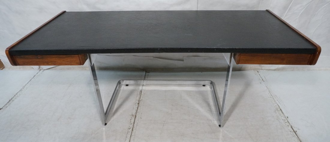 STE MARIE & LAURENT Inc Rosewood & Chrome Desk. F: STE MARIE & LAURENT Inc Rosewood & Chrome Desk. Floating top on Flat Chrome Base. Two drawers. Black vinyl top. Marked.-- Dimensions: H: 28.5 inches: D: 34 inches: L: 72.5 inches ---