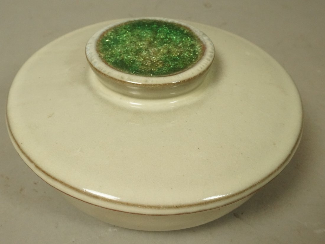 DESIGN TECHNICS Terracotta Pottery Lidded Box. Wh: DESIGN TECHNICS Terracotta Pottery Lidded Box. White glazed ceramics with crackle glazed green finial. Marked.-- Dimensions: H: 3.5 inches: W: 6.5 inches --- US Shipping charge: $35