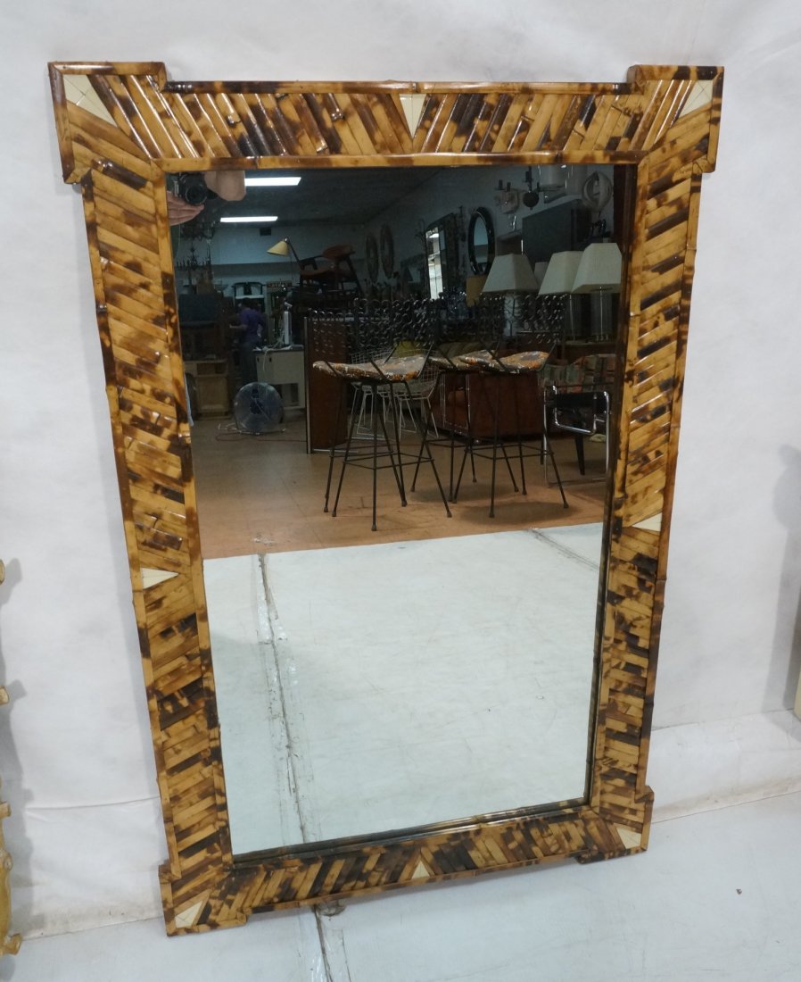 KARL SPRINGER style Bamboo & Bone Wall Mirror. Sa: KARL SPRINGER style Bamboo & Bone Wall Mirror. Safari Tropical themed wall mirror. Corner details. Crespi Style.-- Dimensions: H: 47.5 inches: W: 32 inches ---