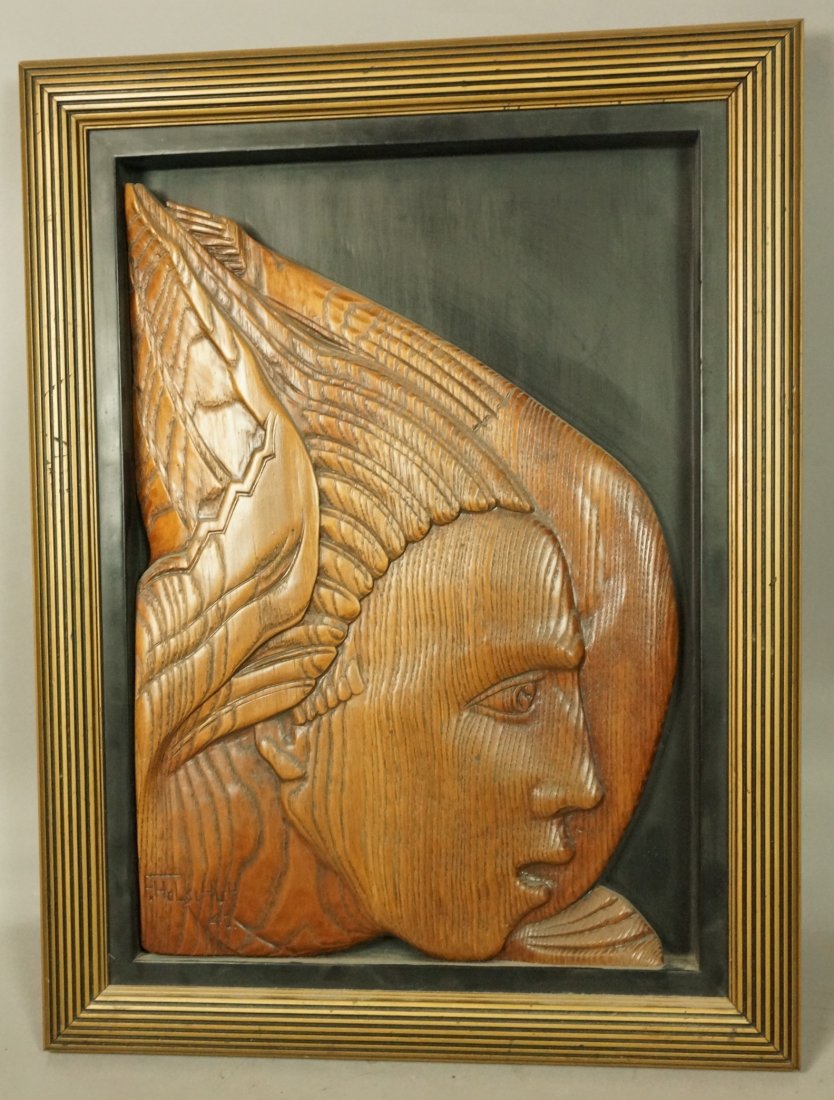 Signed Carved Wood Angel Head Relief. Framed. Sig: Signed Carved Wood Angel Head Relief. Framed. Signed. -- Dimensions: Image Size: H: 17 inches: W: 12 inches ---