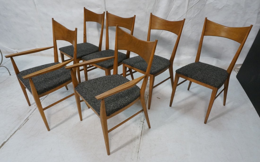 Set 6 PAUL McCOBB Bow Tie Dining Chairs. Two Arms: Set 6 PAUL McCOBB Bow Tie Dining Chairs. Two Arms. Four Sides. Black & White Tweed Upholstered seats. McCobb Calvin label. -- Dimensions: H: 35 inches: W: 22 inches: D: 22.5 inches ---