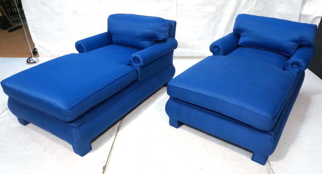 Pair Blue Fabric Upholstered Chaise Lounges. Roll: Pair Blue Fabric Upholstered Chaise Lounges. Rolled Upholstered Arms with Upholstered Base. Not Marked. -- Dimensions: H: 31 inches: W: 60 inches: D: 36 inches ---