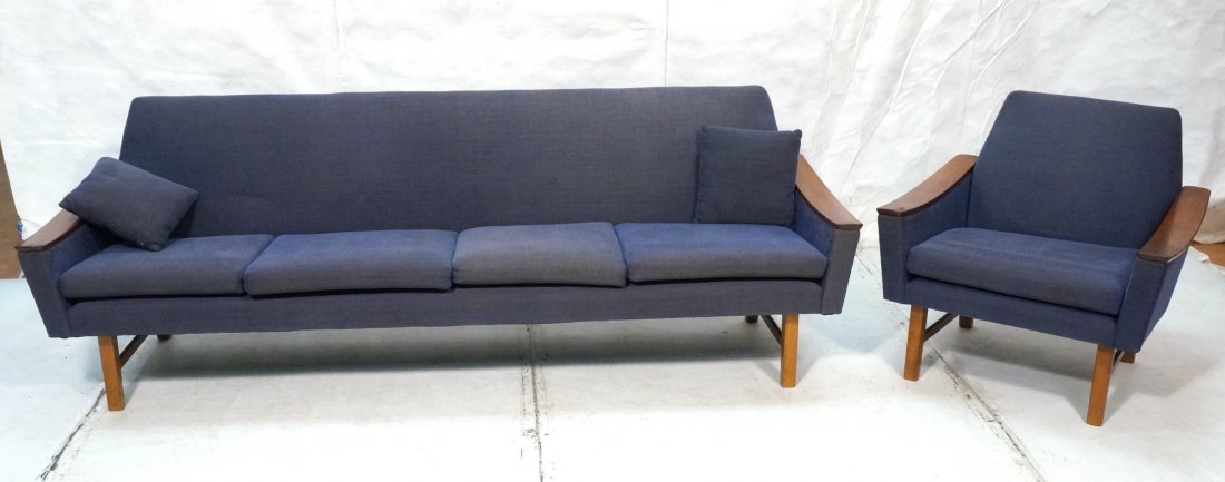 2pcs Danish Modern Couch and Lounge Chair. Wide: 2pcs Danish Modern Couch and Lounge Chair. Wide Teak Arms. Blue upholstery. -- Dimensions: H: 29 inches: W: 87.5 inches: D: 27.25 inches ---