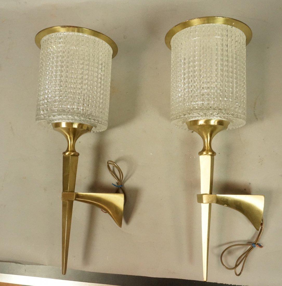 Pair Ponti Style wall Sconces. Brass finish with: Pair Ponti Style wall Sconces. Brass finish with faceted glass tube centers.-- Dimensions: H: 18.25 inches: W: 7 inches: D: 7 inches ---
