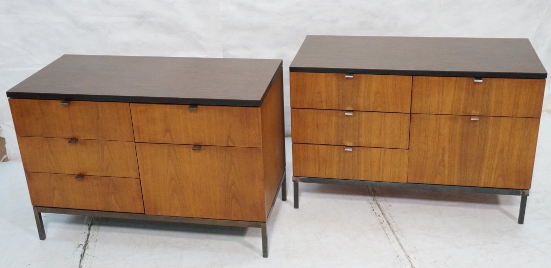 Pair Knoll 5 Drawer Credenza Cabinets. Walnut Fro: Pair Knoll 5 Drawer Credenza Cabinets. Walnut Fronts with laminate tops. Chrome pulls. -- Dimensions: H: 25.5 inches: W: 37.25 inches: D: 18 inches ---