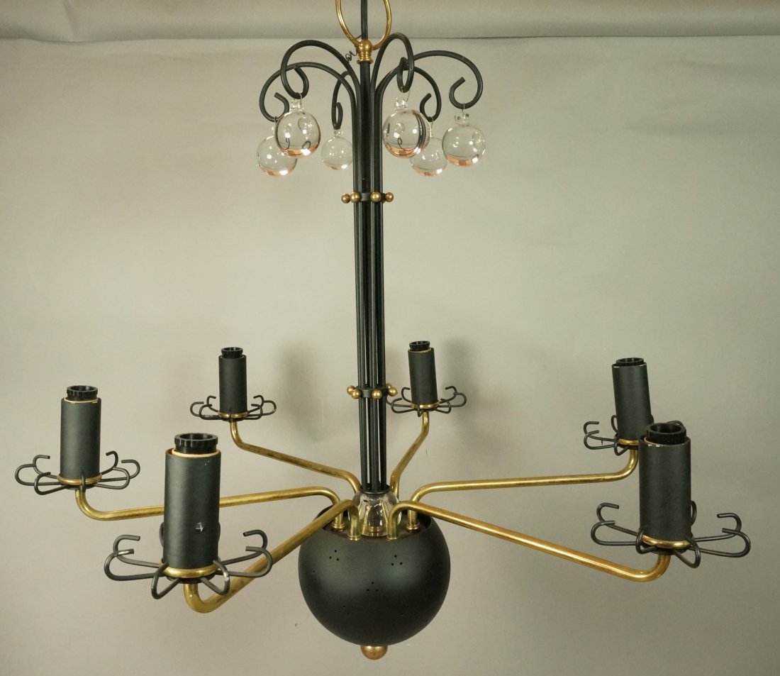 Tynell Style Chandelier Pendant Lamp. 6 Arms. B: Tynell Style Chandelier Pendant Lamp. 6 Arms. Black and brass. Lightolier.-- Dimensions: H: 26.5 inches: W: 25 inches ---