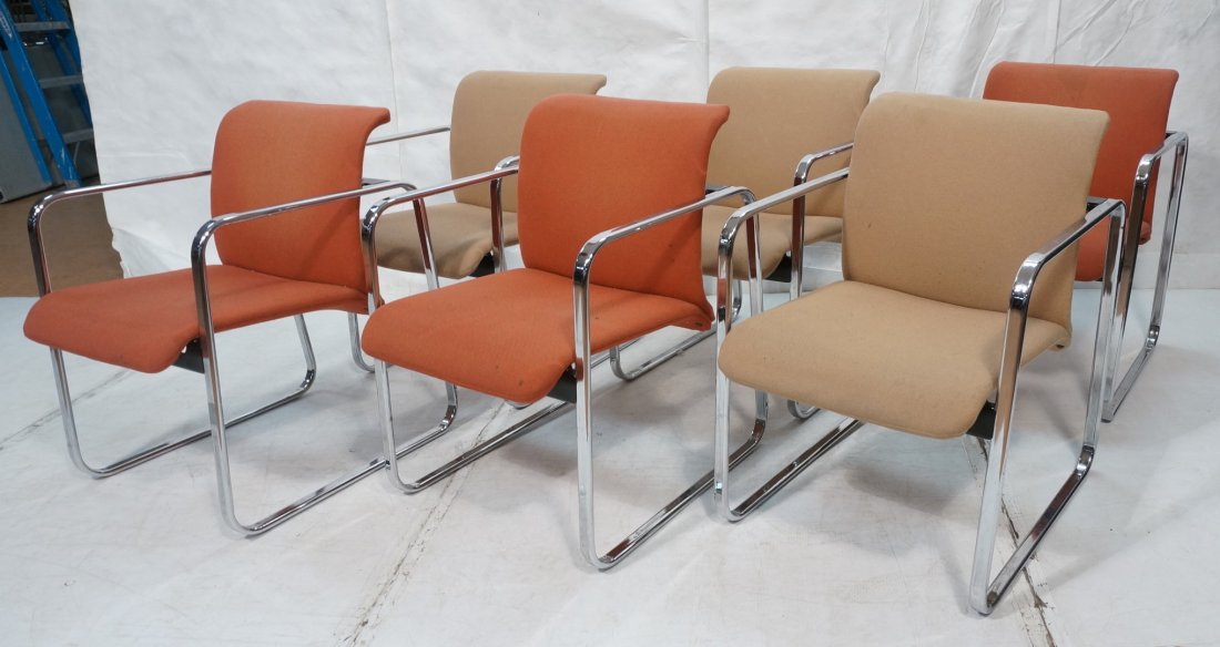 Set 6 HERMAN MILLER Chrome Frame Arm Lounge Chair: Set 6 HERMAN MILLER Chrome Frame Arm Lounge Chairs. Three in rose upholstery. Three with tan upholstery. Squared tube chrome frames. Not marked.-- Dimensions: H: 31 inches: W: 23.5 inches: D: 25 inche