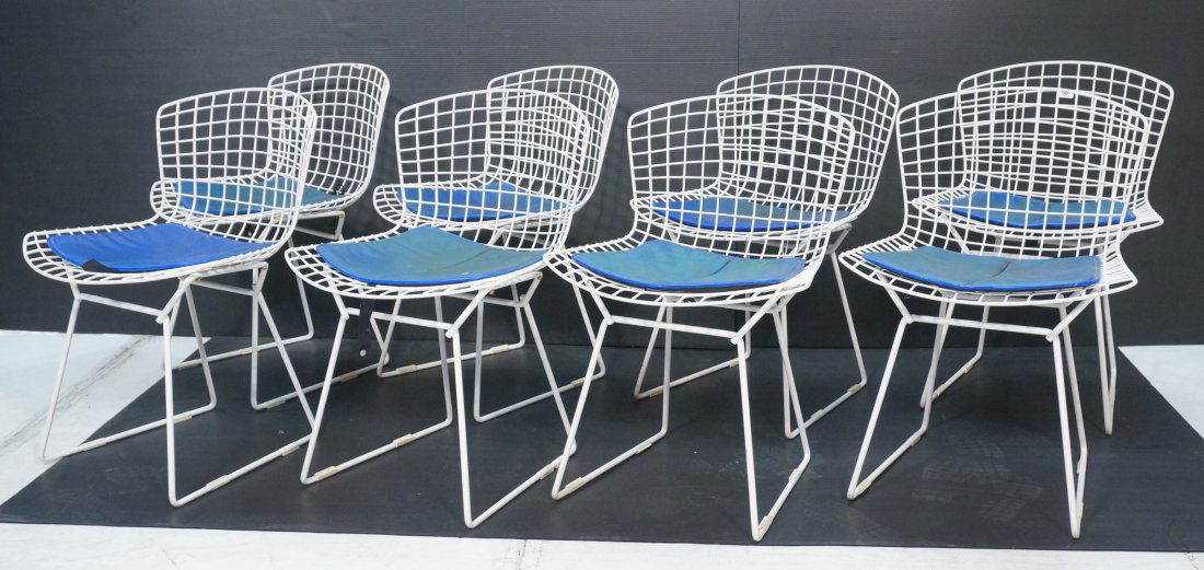 Set 8 HARRY BERTOIA Wire Frame Side Chairs. KNOLL: Set 8 HARRY BERTOIA Wire Frame Side Chairs. KNOLL. White enamel. Cushions are labeled. -- Dimensions: H: 30 inches: W: 22 inches: D: 21 inches ---