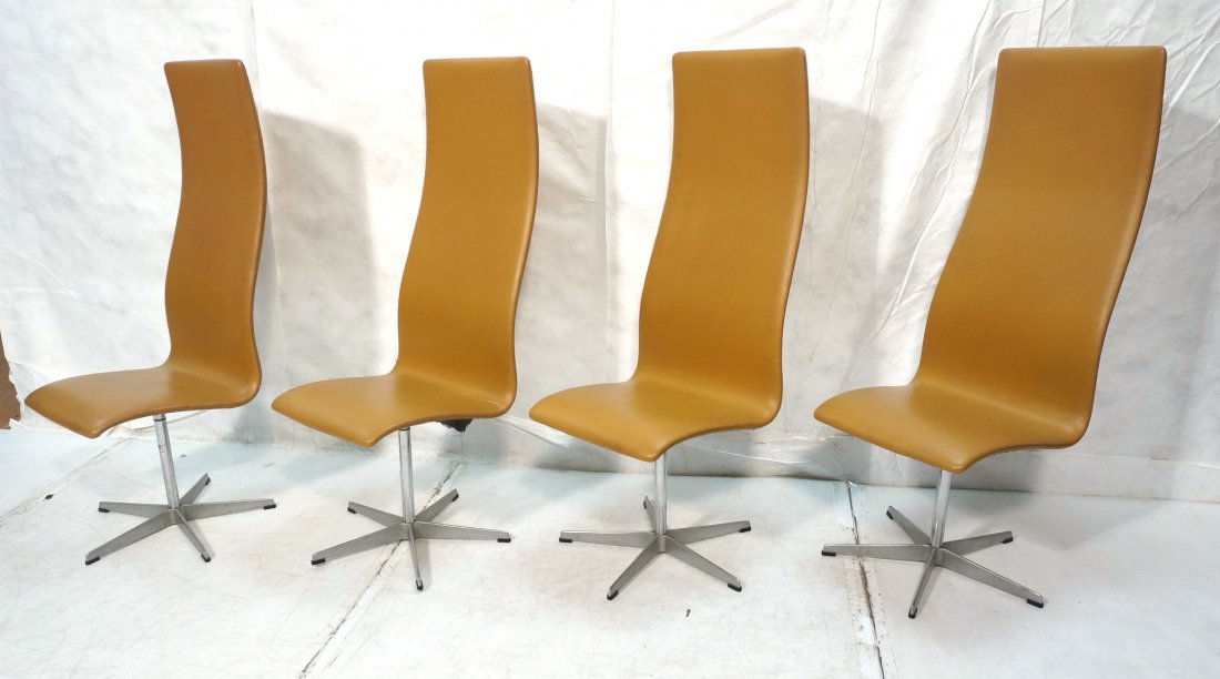 Set 4 FRITZ HANSEN Arne Jacobsen Tall Oxford Chai: Set 4 FRITZ HANSEN Arne Jacobsen Tall Oxford Chairs. High back dining chairs on five foot pedestal base. -- Dimensions: H: 50 inches: W: 17.5 inches: D: 19 inches ---