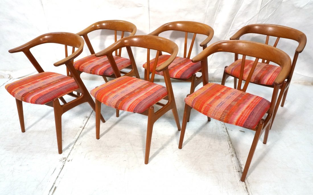 Hans Wegner Style Bulls Horn Dining Chairs. "V" B: Hans Wegner Style Bulls Horn Dining Chairs. "V" Backsplat. Notch detail to joints. Striped red upholstery. Not marked. -- Dimensions: H: 29.5 inches: W: 22 inches: D: 22 inches ---