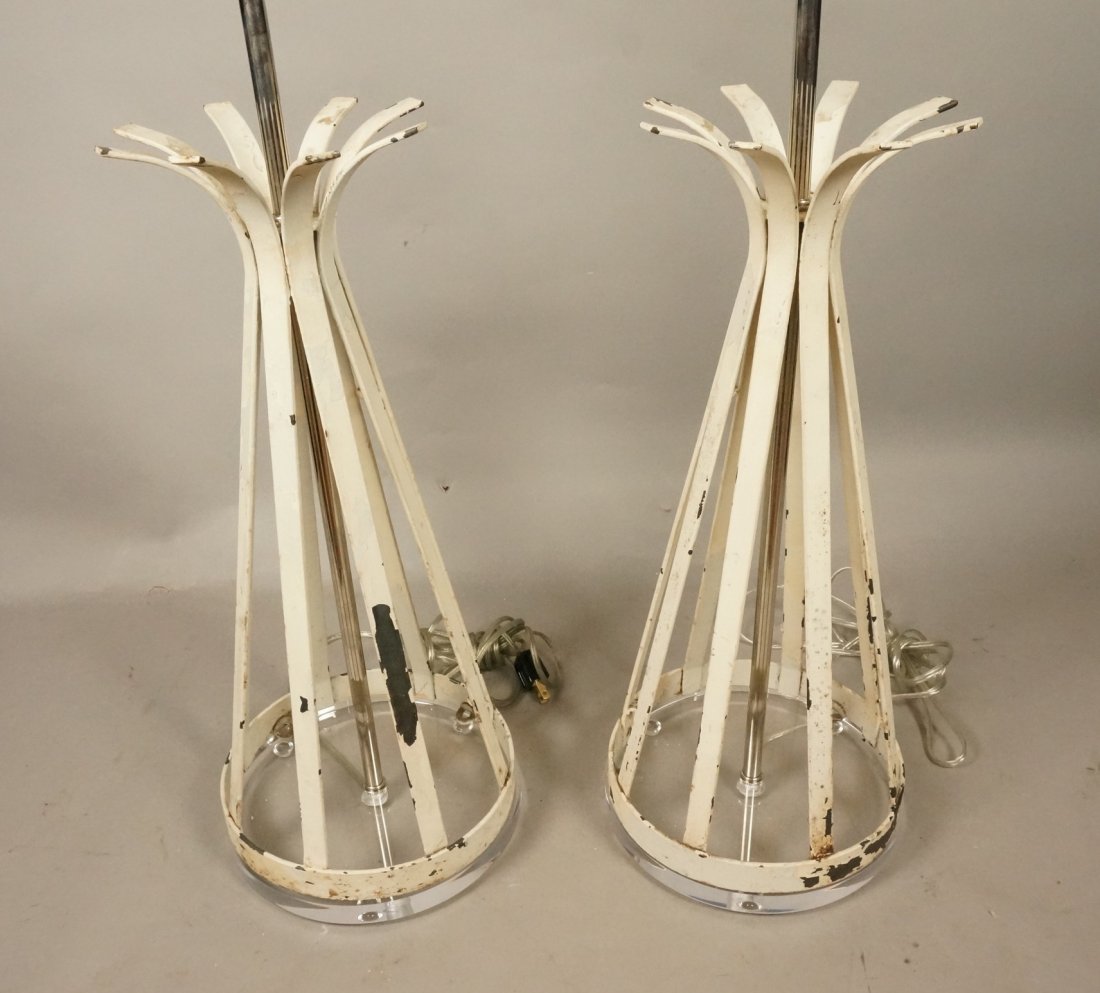 Pr White Iron Corsetted Form Decorator Table Lamp: Pr White Iron Corsetted Form Decorator Table Lamps. .75" Thick Lucite Base. Chrome Hardware. -- Dimensions: H: 32 inches: W: 8.5 inches ---