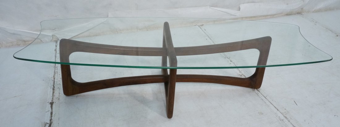 ADRIAN PEARSALL Walnut Base Glass Top Coffee Tabl: ADRIAN PEARSALL Walnut Base Glass Top Coffee Table. Shaped and Bowed Long Glass Top. Open Cross Form Walnut Base. -- Dimensions: H: 15.25 inches: W: 58.5 inches: D: 19.75 inches ---