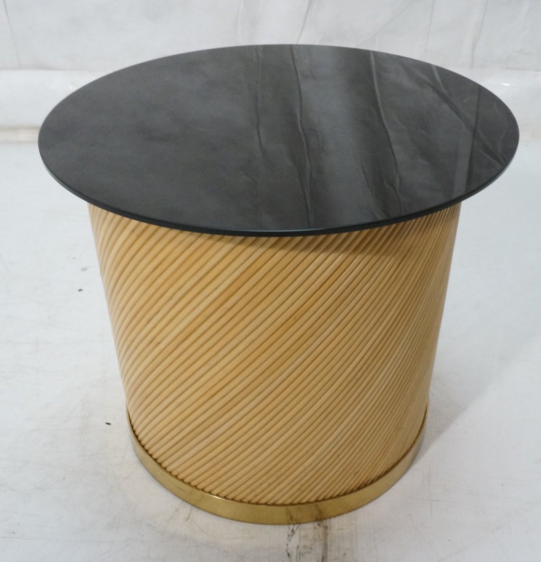 BIELECKY BROTHERS Rattan & Brass Drum Table. Roun: BIELECKY BROTHERS Rattan & Brass Drum Table. Round smoked glass top. Metal label.-- Dimensions: H: 17.75 inches: W: 20.25 inches ---