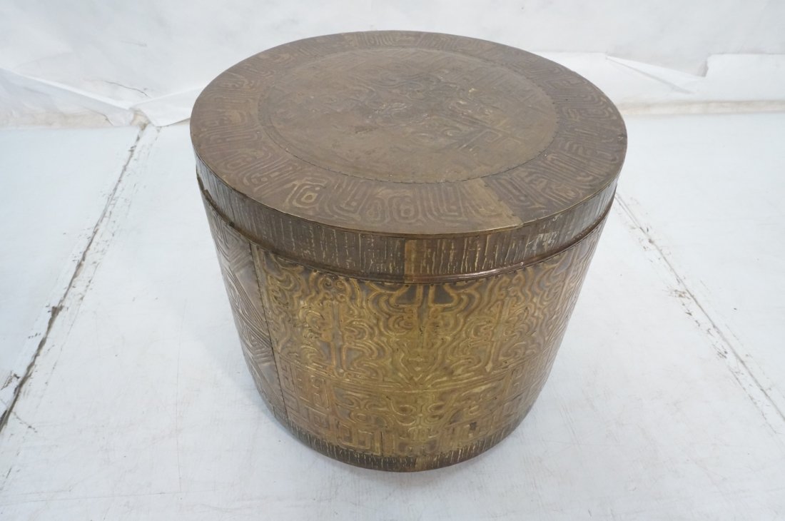 Embossed Brass Drum Side Table. REPOUSSE Relief D: Embossed Brass Drum Side Table. REPOUSSE Relief Design of ethnic images. -- Dimensions: H: 18 inches: W: 21 inches: D: 21 inches ---