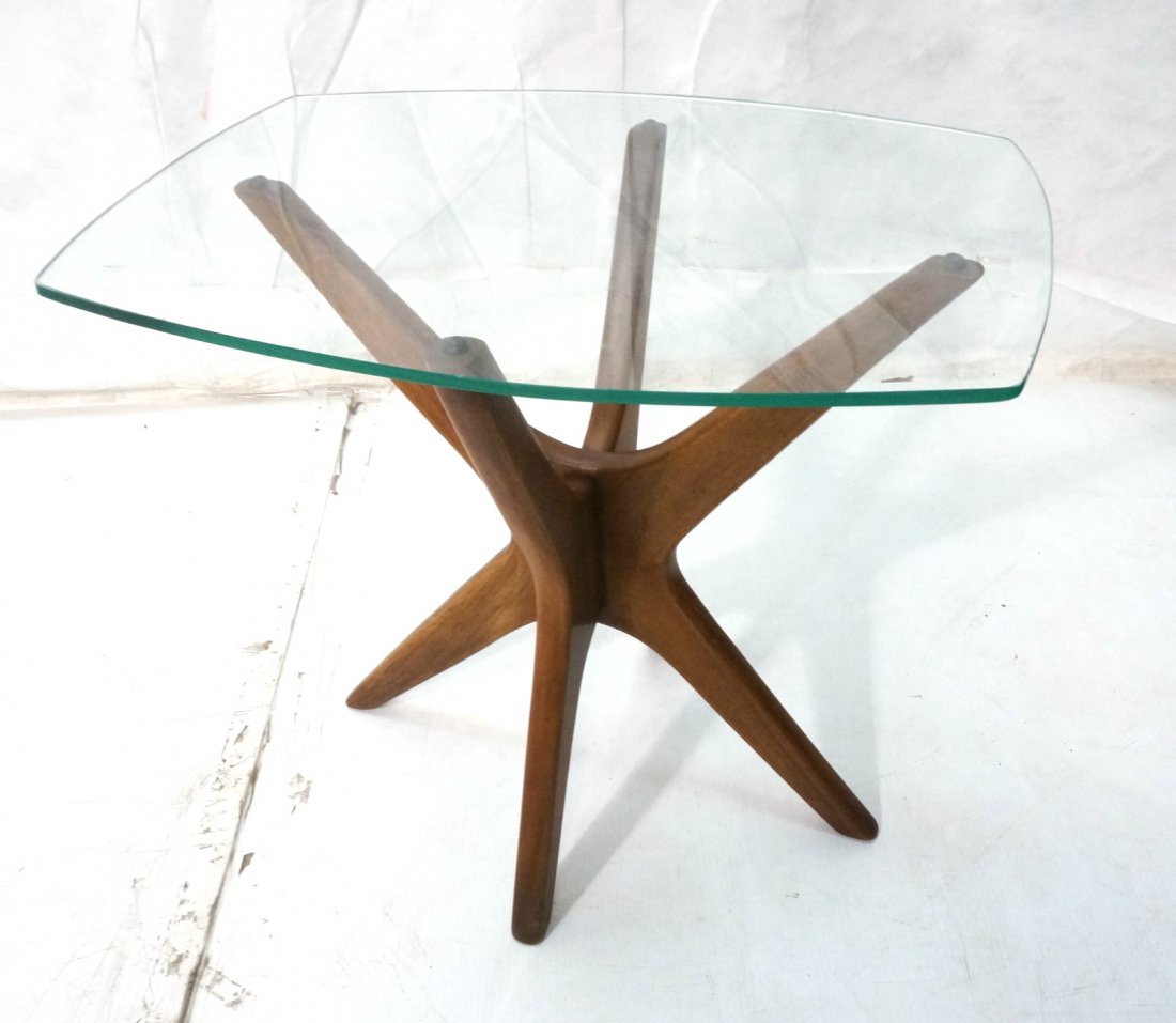 ADRIAN PEARSALL Glass Top Side End Table. Walnut: ADRIAN PEARSALL Glass Top Side End Table. Walnut American Modern four arm base. Not marked.-- Dimensions: H: 22 inches: W: 25 inches: D: 18.5 inches ---