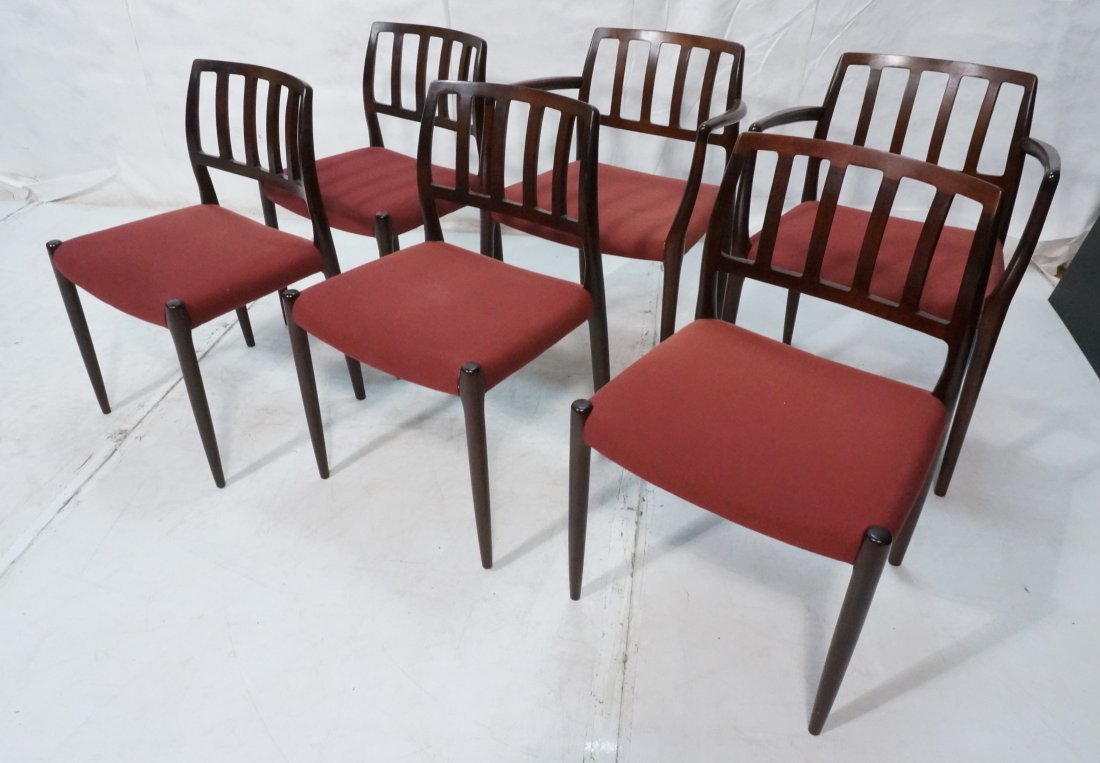 Set 6 MOLLER Rosewood Dining Chairs. Danish Moder: Set 6 MOLLER Rosewood Dining Chairs. Danish Modern. Two arm chairs. Four side chairs. Short slat back chairs with upholstered seats.-- Dimensions: H: 31 inches: W: 22.5 inches: D: 19 inches ---