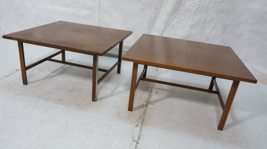 Pr PAUL McCOBB Walnut Square Side End Tables. Alu: Pr PAUL McCOBB Walnut Square Side End Tables. Aluminum strip details to legs.-- Dimensions: H: 16 inches: W: 30 inches: D: 30 inches ---
