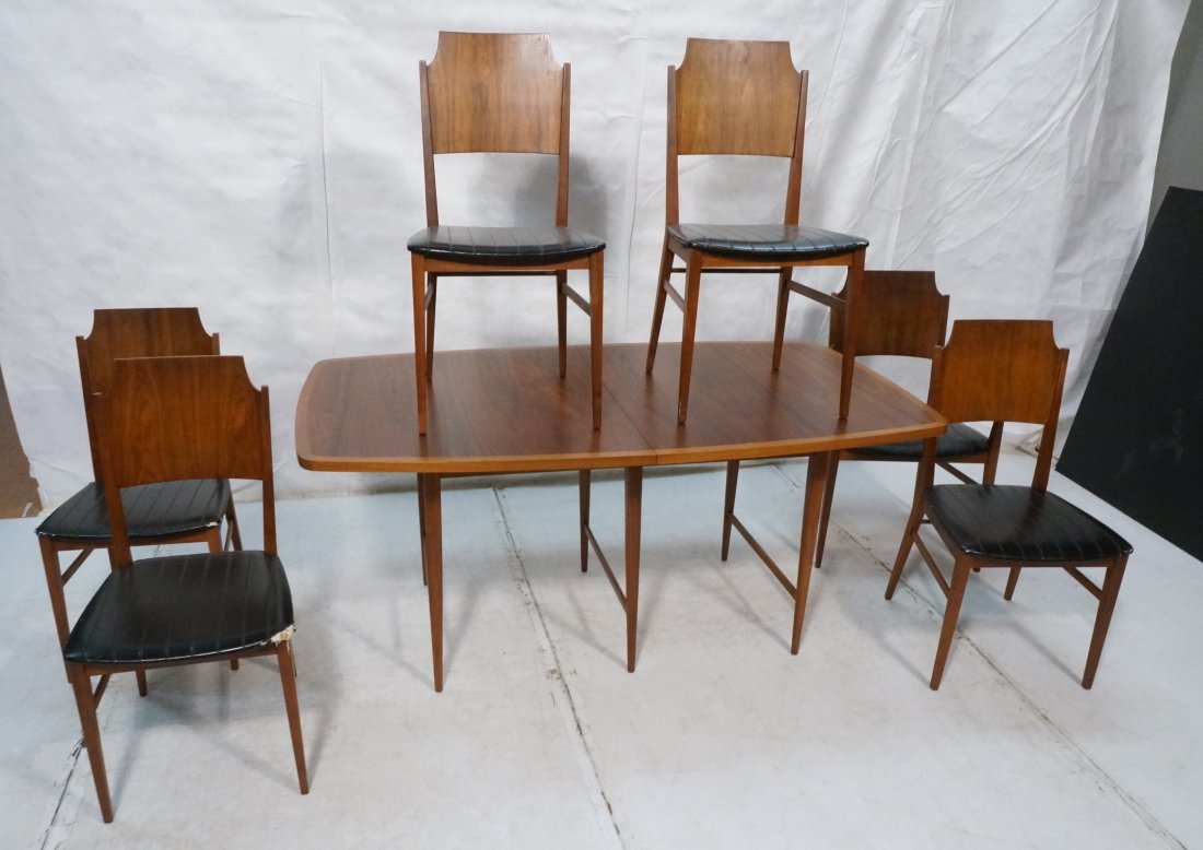 PAUL McCOBB 7pc Dining Table Set. LANE Delineator: PAUL McCOBB 7pc Dining Table Set. LANE Delineator Series. Rosewood table with walnut banded bowed sides. Six dining chairs including one arm chair. Black vinyl seats. Three 10" banded leaves. -- Dimen