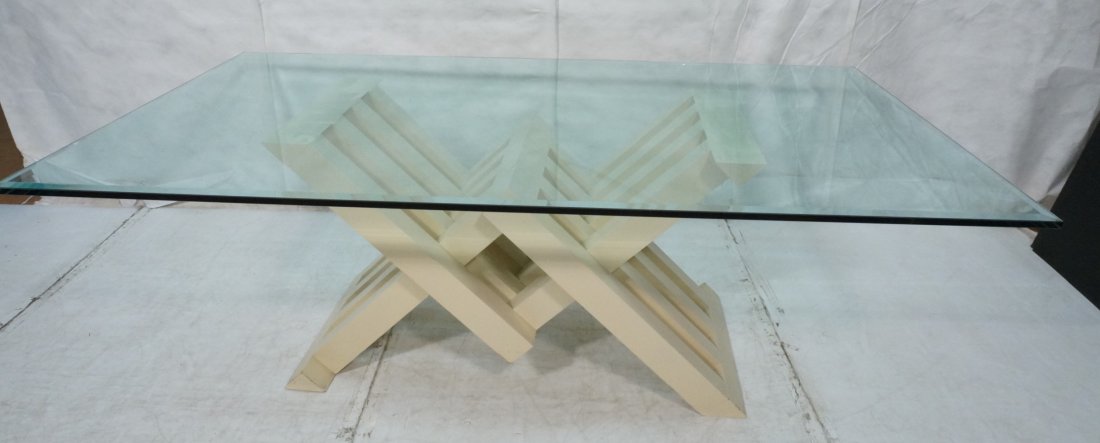 Large 3/4" Beveled Glass Dining Table. Cream Lacq: Large 3/4" Beveled Glass Dining Table. Cream Lacquer wood angled slat base. Architectural base.-- Dimensions: H: 29.5 inches: W: 84 inches: D: 48 inches ---