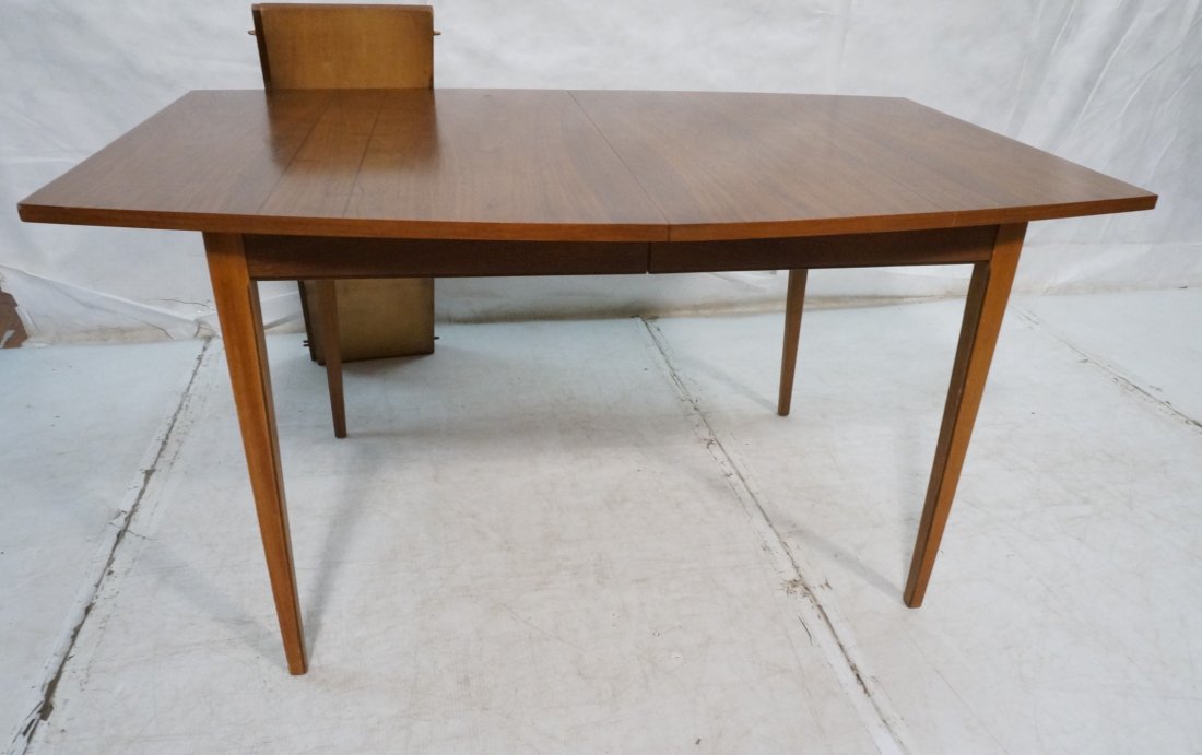 LANE Walnut American Modern Dining Table. Bowed S: LANE Walnut American Modern Dining Table. Bowed Sides. Black line inlay with butterfly joints. Three 10" leaves. -- Dimensions: H: 28.75 inches: W: 56 inches: D: 38 inches ---