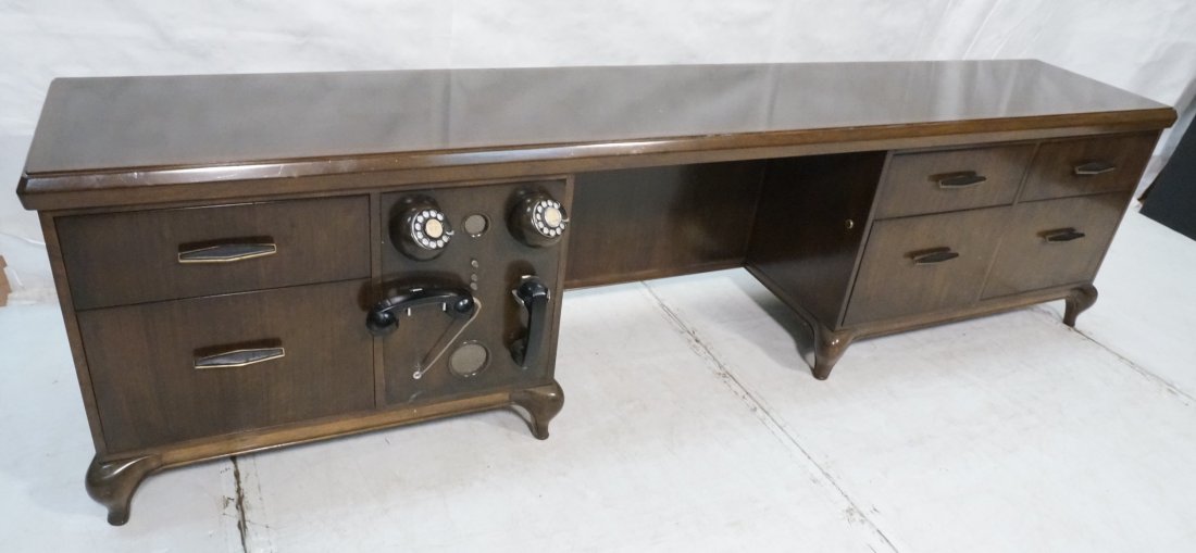 MONTEVERDI YOUNG Inc Retro Kneehole Desk Credenza: MONTEVERDI YOUNG Inc Retro Kneehole Desk Credenza. Long wood industrial cabinet with Six drawers and Two phones mounted to front. Designed by Maurice Bailey. -- Dimensions: H: 28.5 inches: D: 19.5 inc