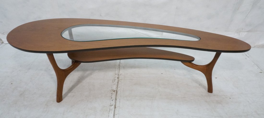 Kidney Shaped Walnut Coffee Table. Inset Glass To: Kidney Shaped Walnut Coffee Table. Inset Glass Top with lower shelf. Adrian Pearsall style American Modern. Not marked.-- Dimensions: H: 15 inches: D: 26 inches: L: 60 inches ---