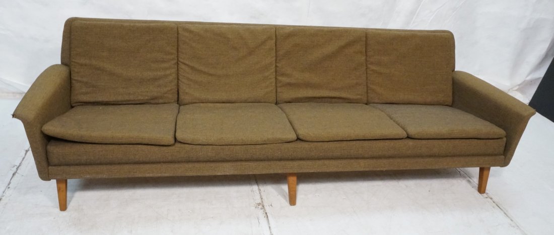FRITZ HANSEN Danish Sofa Couch. Curved Arm. Origi: FRITZ HANSEN Danish Sofa Couch. Curved Arm. Original fabric upholstery. Tagged foil label.-- Dimensions: H: 28 inches: D: 33 inches: L: 97 inches ---