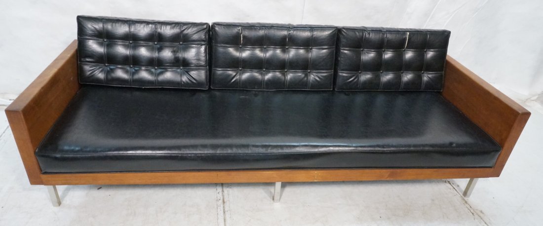 KNOLL Style Black Vinyl Sofa Couch. Wood Frame &: KNOLL Style Black Vinyl Sofa Couch. Wood Frame & Arms with Aluminum legs. Tufted vinyl upholstery. Provenance: From Eastern Airlines offices.-- Dimensions: H: 28.5 inches: D: 30 inches: L: 80 inches -