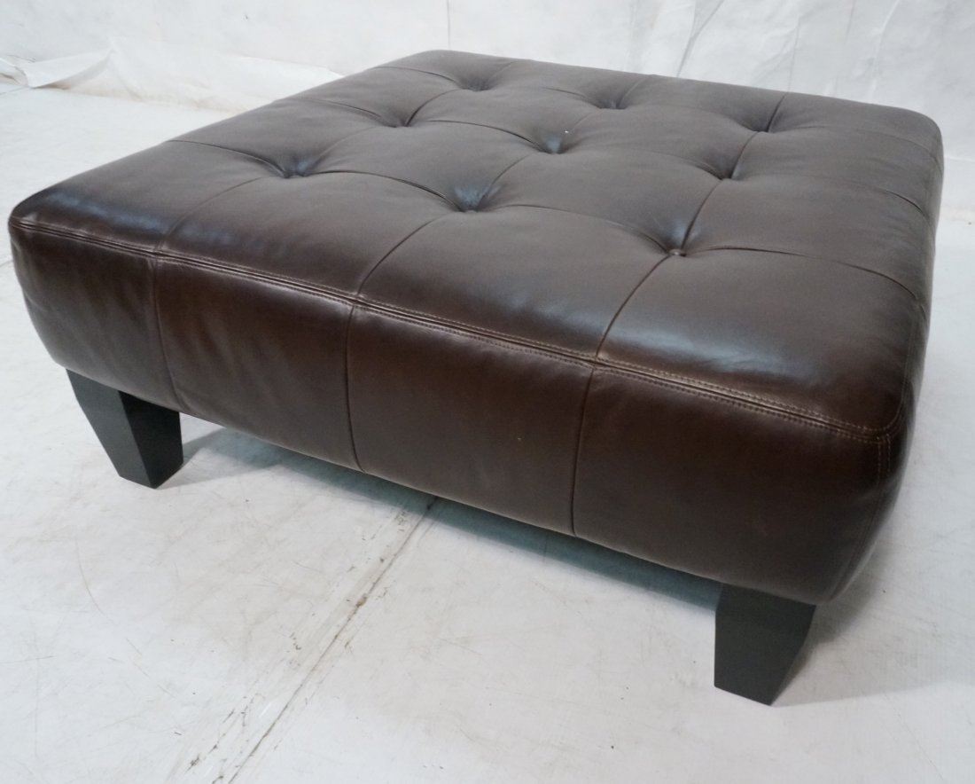 Contemporary Large Brown Tufted Leather Ottoman.: Contemporary Large Brown Tufted Leather Ottoman. Thick tapered wood legs.-- Dimensions: H: 17.5 inches: W: 41.5 inches: D: 41.5 inches ---