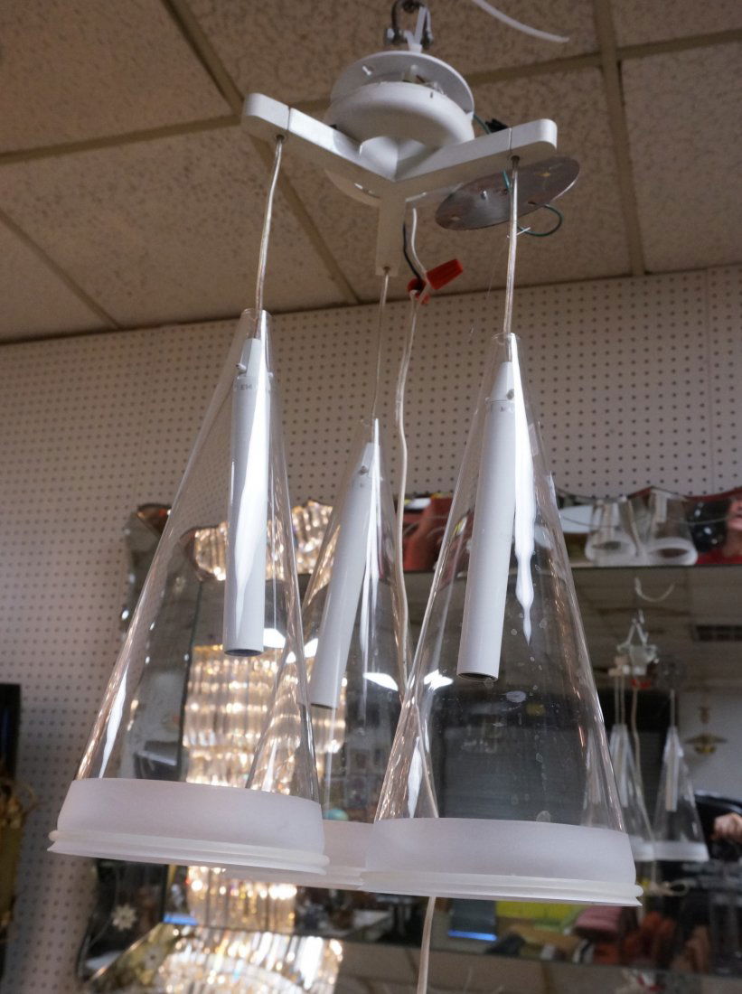 Three Glass Cone Hanging Pendant Light FLOS Chand: Three Glass Cone Hanging Pendant Light FLOS Chandelier. Frosted bands. Marked-- Dimensions: H: 26 inches: W: 14 inches ---