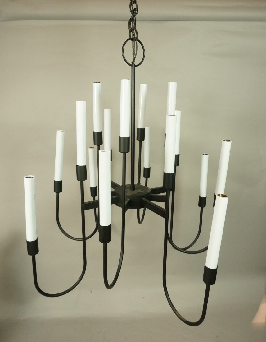 Black Iron Hanging Chandelier. Sixteen Candles. T: Black Iron Hanging Chandelier. Sixteen Candles. Tall Candle Lights. Remnants of Lightolier label-- Dimensions: H: 26 inches: W: 23 inches: D: 23 inches ---