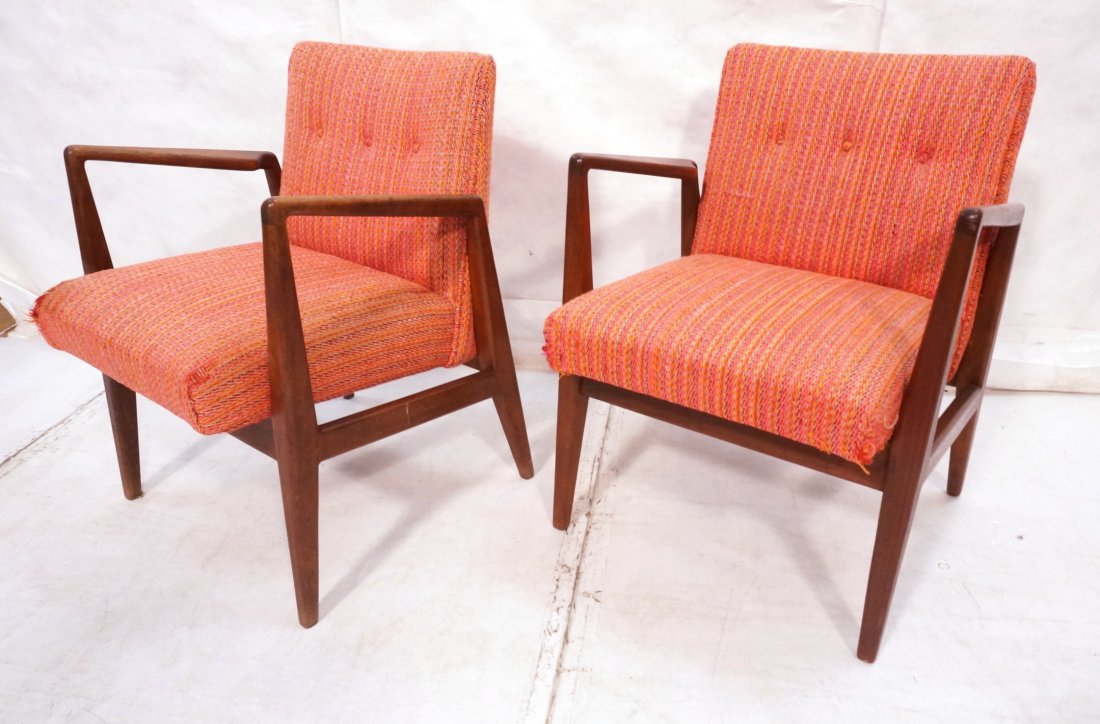 Pr JENS RISOM Arm Lounge Chairs. Walnut American: Pr JENS RISOM Arm Lounge Chairs. Walnut American Modern. Open arm sides. Striped red fabric. -- Dimensions: H: 31.5 inches: W: 23.5 inches: D: 23 inches ---