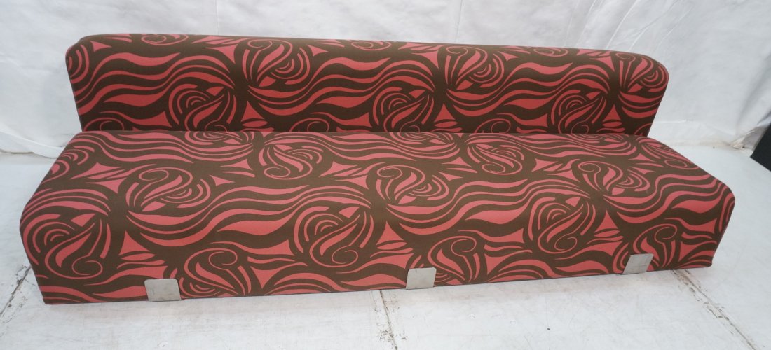 60's Modern Psychedelic Fabric Sofa Couch. Steel: 60's Modern Psychedelic Fabric Sofa Couch. Steel metal frame trim. Armless. -- Dimensions: H: 26.5 inches: D: 33.5 inches: L: 97 inches ---