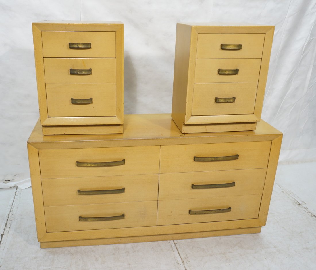 3pc JOHN STUART Blond Wood Bedroom Set. Low Chest: 3pc JOHN STUART Blond Wood Bedroom Set. Low Chest Dresser. Two Night Stands. Metal pulls. Attributed to ROBJOHNS GIBBINGS.-- Dimensions: H: 33 inches: W: 63.5 inches: D: 19 inches ---