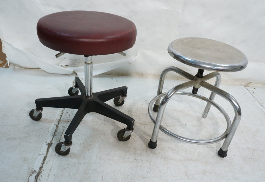 2pcs Industrial Medical Stools. One chrome. One w: 2pcs Industrial Medical Stools. One chrome. One with cushion top. Both with adjustable height.-- Dimensions: H: 20 inches: W: 16 inches ---