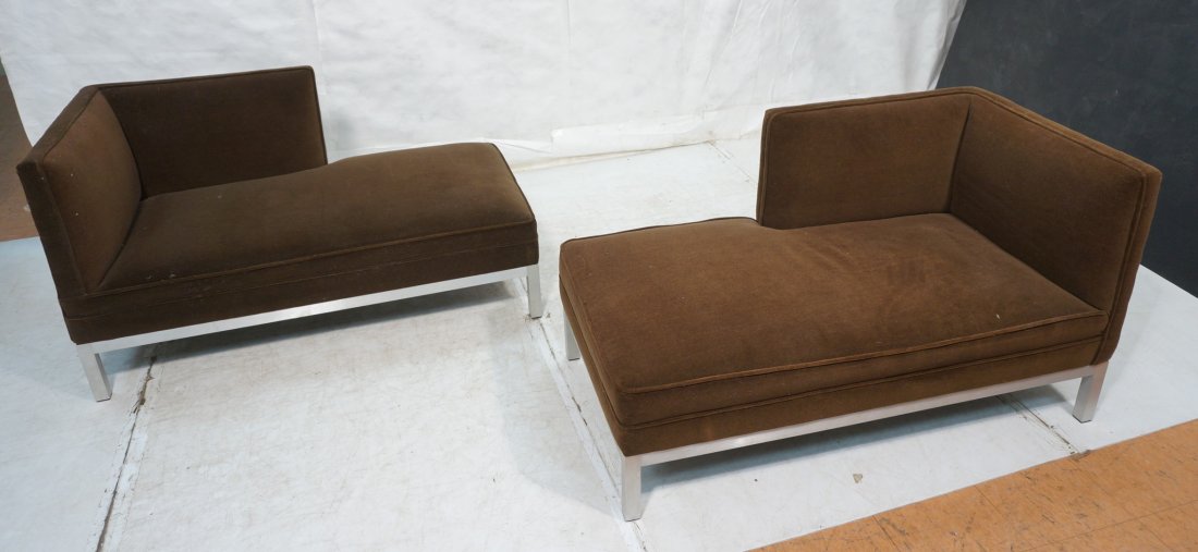 Pr Brown Upholstered Chaise Lounges Love Seats. S: Pr Brown Upholstered Chaise Lounges Love Seats. Square chrome frame. Each with one "L" arm corner. -- Dimensions: H: 30.25 inches: W: 54.25 inches: D: 30 inches ---