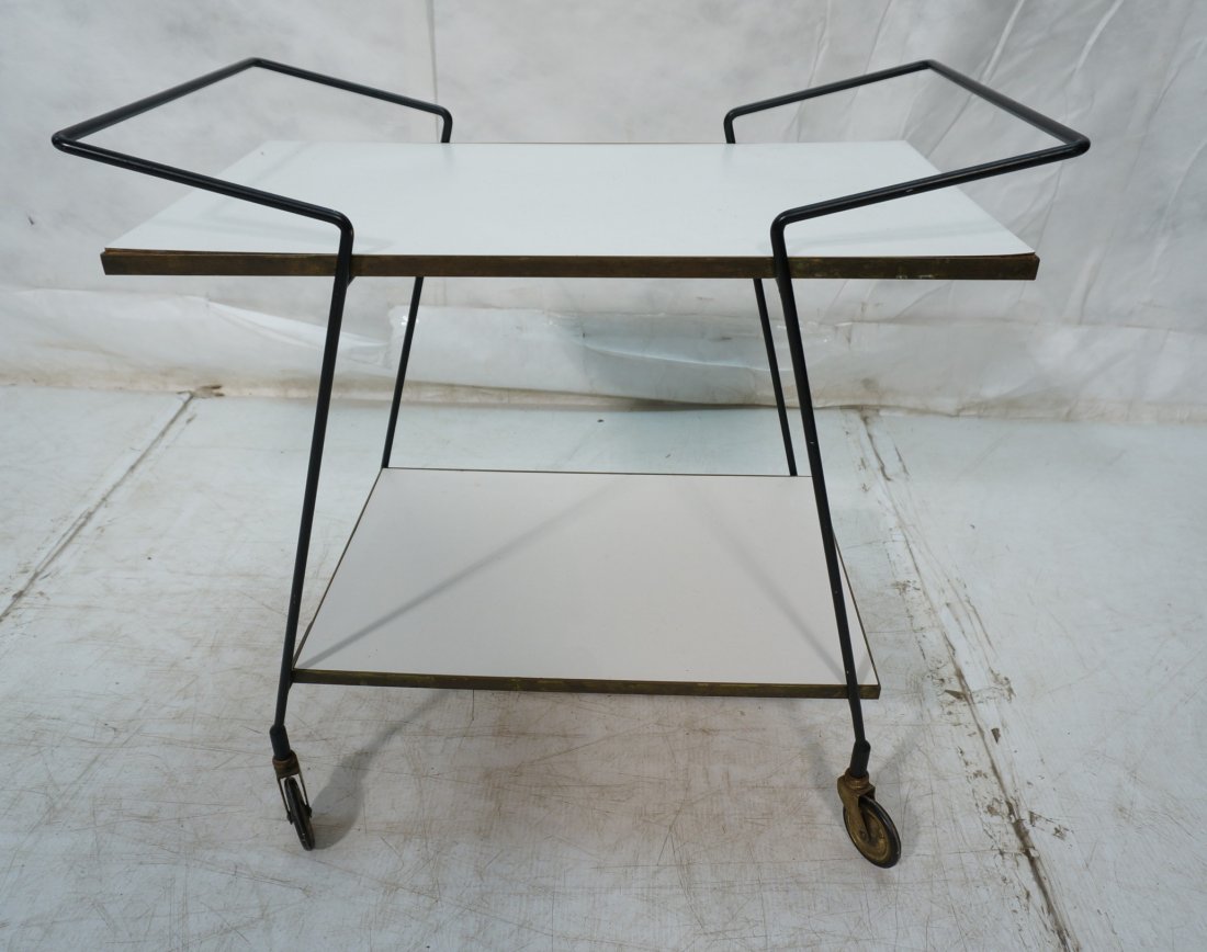 Two Tier Rolling Bar Tea Cart. White laminate top: Two Tier Rolling Bar Tea Cart. White laminate top. Black hairpin frame & legs.-- Dimensions: H: 26.75 inches: W: 27.25 inches: D: 16 inches ---