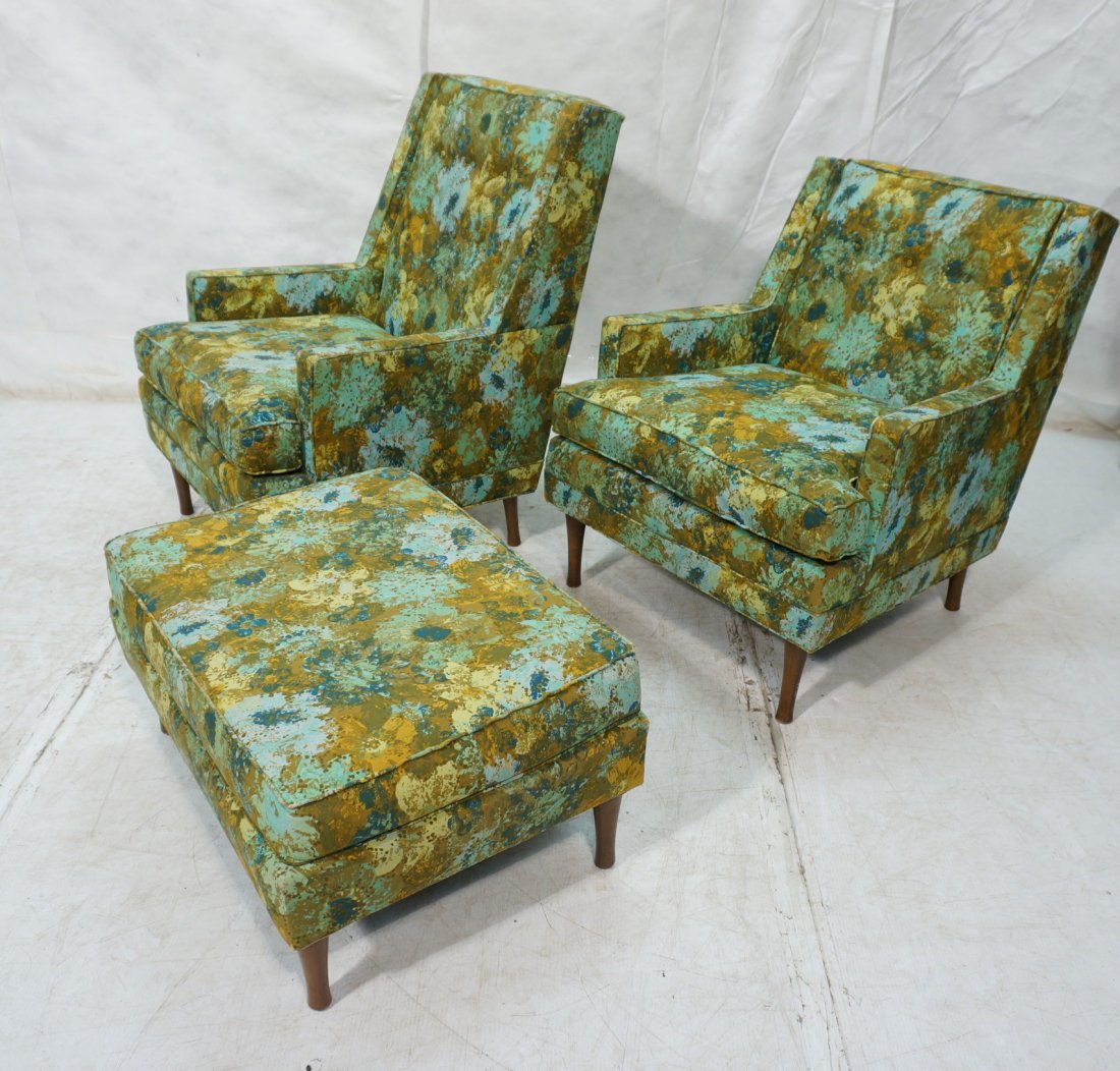 His & Hers Arm Lounge Chairs & Ottoman. Vintage M: His & Hers Arm Lounge Chairs & Ottoman. Vintage Modern. Green floral upholstery. Wood peg legs.-- Dimensions: H: 37 inches: W: 27.5 inches: D: 32.5 inches ---
