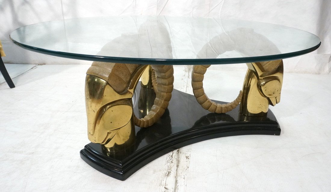 Decorator Rams Head Coffee Cocktail Table. DREXEL.: Decorator Rams Head Coffee Table. Round thick glass top cocktail table. Brass details. ET CETERA by DREXEL. -- Dimensions: H: 17 inches: W: 41.75 inches: D: 41.75 inches ---