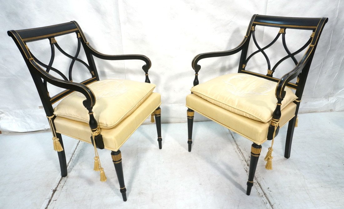 Pr Regency style Ebonized & Gilt Wood Armchairs.: Pr Regency style Ebonized & Gilt Wood Armchairs. Silk Brocade Upholstery.-- Dimensions: H: 36 inches: W: 24 inches: D: 21 inches ---