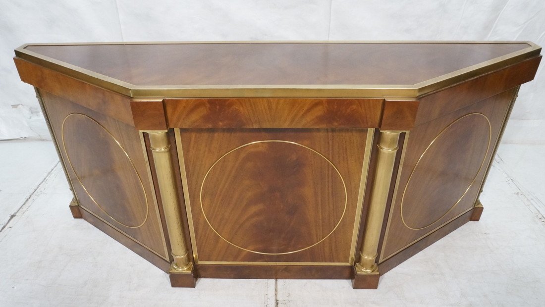 MASTERCRAFT Sideboard Credenza. Crotched Mahogany: MASTERCRAFT Sideboard Credenza. Crotched Mahogany beveled form . Brass trim & columns. Marked.-- Dimensions: H: 31.5 inches: W: 72.5 inches: D: 18 inches ---