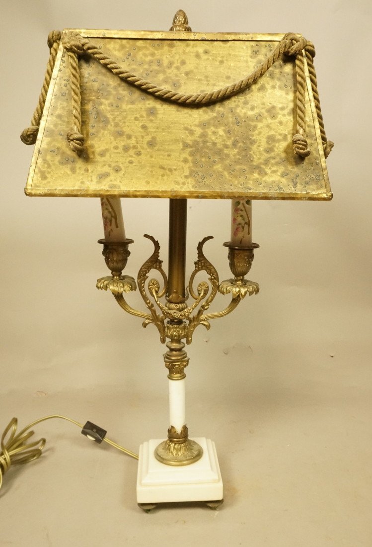 Vintage Bronze & Marble French Empire Style Table Lamps: Bronze & Marble French Empire style Table Lamp. Shade has gold thread tassels. Detailed bronze mounts.-- Dimensions: H: 21 inches: W: 10.5 inches: D: 7.5 inches ---