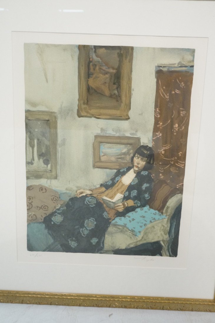 Malcolm Liepke Woman Reading Signed Lithograph Print: MALCOLM LIPKE Lithograph Print. Woman reclining in Chaise Lounge. Signed; 270/275. -- Dimensions: Image Size: H: 18.54 inches: W: 14 inches ---