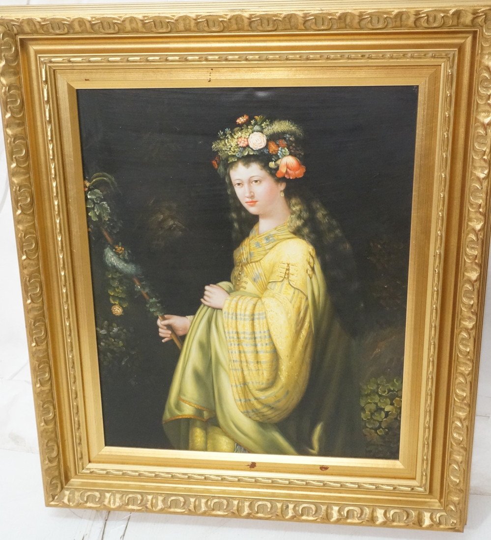 Oil Painting on Canvas Portrait of Woman in Dress: Contemporary Oil Painting. Portrait of Renaissance Lady. Woman with elaborate floral headdress and gold and green robes. Thick gold carved frame. Signed V. De SICU-- Dimensions: Image Size: H: 23.75 i