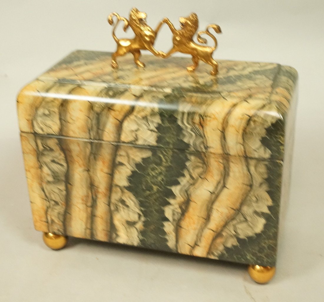 MAITLAND SMITH Faux Stone Lacquered Wood Box. Bra: MAITLAND SMITH Faux Stone Lacquered Wood Box. Brass Mounts. Label.-- Dimensions: H: 9 inches: W: 8.75 inches: D: 4.5 inches ---