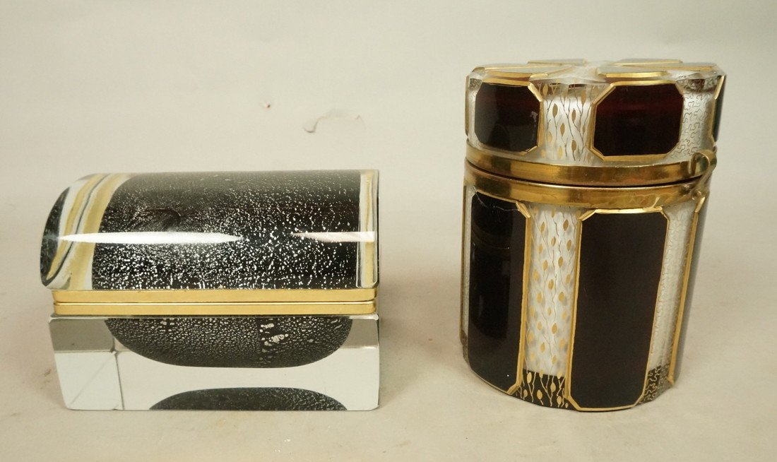 Two Murano Hinged Boxes. Antique MURANO Hinged Li: Two Murano Hinged Boxes. Antique MURANO Hinged Lid Box with Cased Burgundy Panels and gold decorated panels. Domed Cased glass box with black interior with silver foil details. -- Dimensions: H: 5.25 