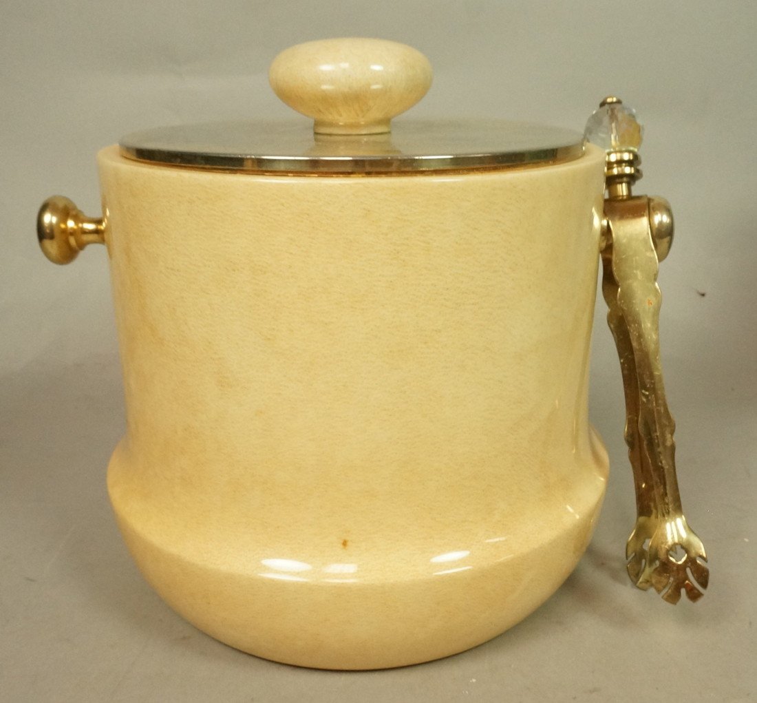 ALDO TURO Lacquered Goatskin Ice Bucket. Marked w: ALDO TURO Lacquered Goatskin Ice Bucket. Marked with label. -- Dimensions: H: 8.5 inches: W: 10.25 inches: D: 8.5 inches ---