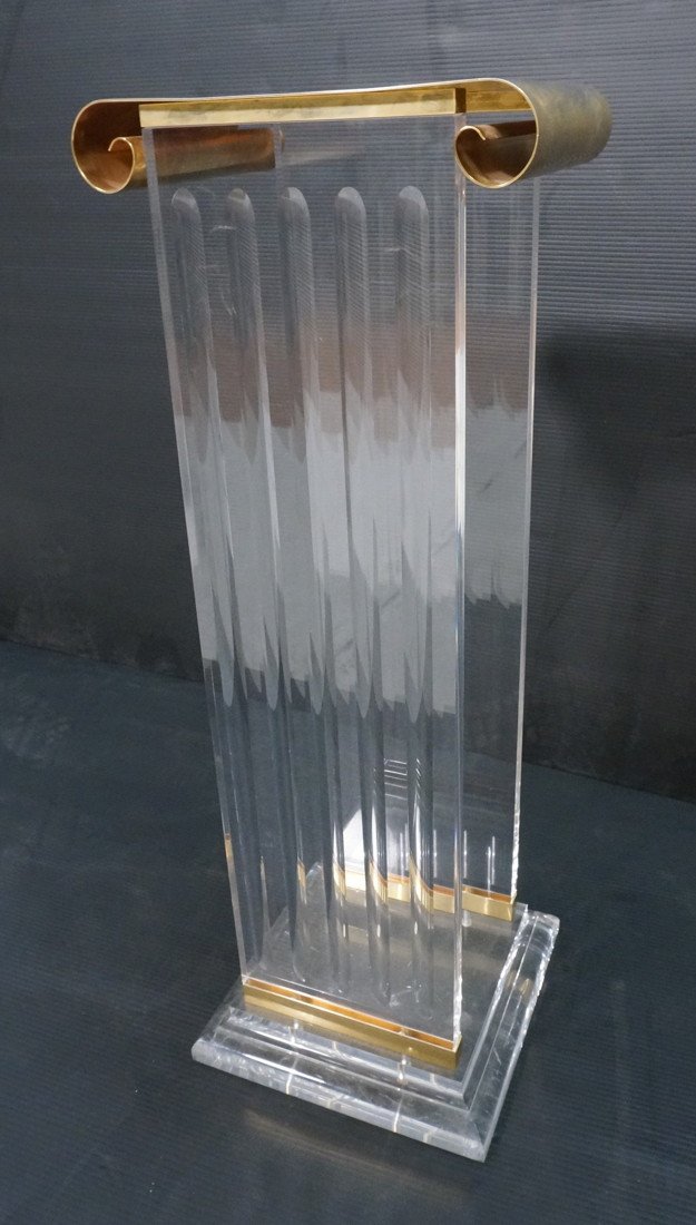 CARL SPRINGER style Brass & Lucite IONIC Column P: CARL SPRINGER style Brass & Lucite IONIC Column Pedestal. Acrylic columns with brass accent capitals. -- Dimensions: H: 33 inches: W: 12.5 inches: D: 11.5 inches ---