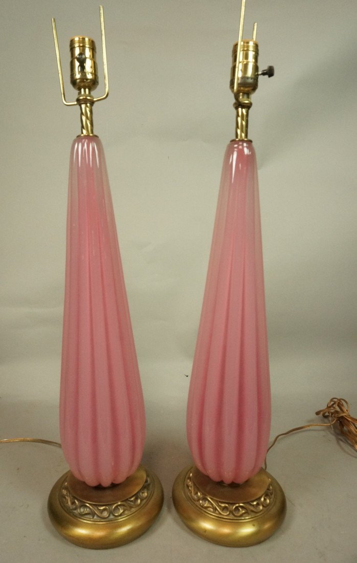 Pr Tall Pink Teardrop MURANO Glass Table Lamps. P: Pr Tall Pink Teardrop MURANO Glass Table Lamps. Pink Opaline Glass with Ribbed Form. Metal bases. Not marked.-- Dimensions: H: 26 inches: W: 6.5 inches ---