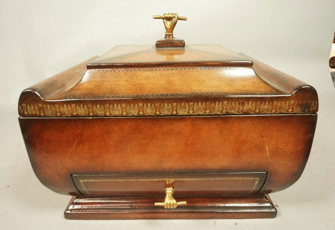 MAITLAND SMITH Lidded Leather Covered Box with Finial: MAITLAND SMITH Leather Covered Box. Lift Top. One Drawer. Brass Mounts. Gilt embossed banded design. Marked.-- Dimensions: H: 10 inches: W: 12 inches: D: 9.25 inches --- US Shipping charge: $20